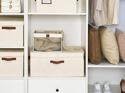 StorageWorks Extra Large Storage Bins with Double-Open Lid, 55L Fabric Baskets with Divider Board, Boxes for Clothes, Linen Closet Organizers with Handles, Ivory White, 2-Pack