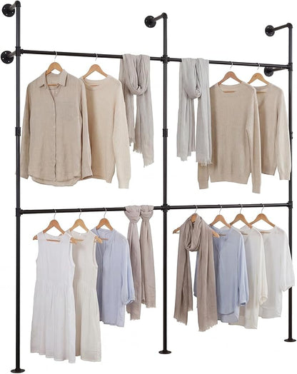 Giantex Industrial Pipe Clothing Rack, 79" Wall Mounted Heavy-Duty Metal Garment Organizer with 4 Hanging Rods, 2-Tier Walk-in Closet System for Wardrobe Closet, Retail Display