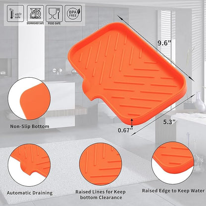 MicoYang Silicone Bathroom Soap Dishes with Drain Spout-Bathroom and Kitchen Sink Organizer,Sponge Holder,Dish Soap Tray,Perfect for Dispenser,Scrubber,Bottle,Cup on Sink or Counter-Orange 9.6"×5.3"