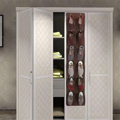 Over The Narrow Door Shoe Organizer With 12 Pockets Hanging Closet Door Space Saving Hanging Shoe Holder For Maximizing Shoe Storage(Brown), 168x30cm
