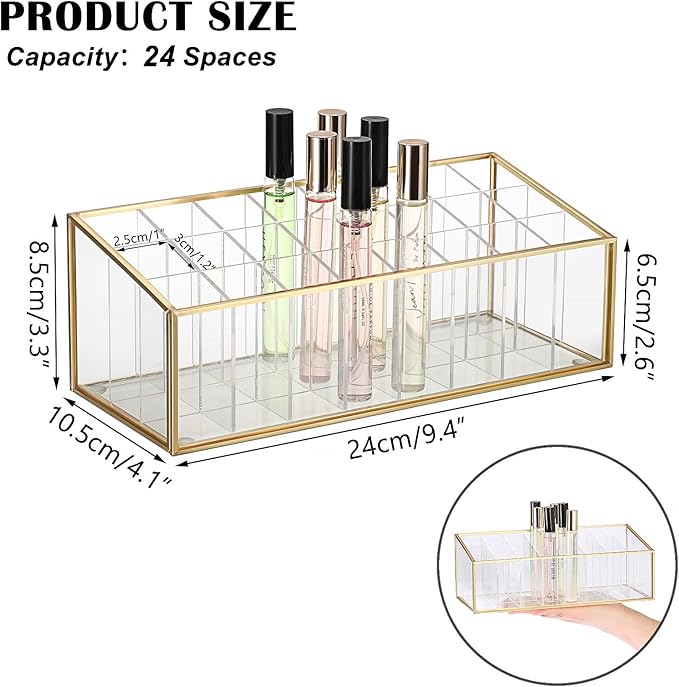 ELLDOO Rollerball Perfume Organizer, 24 Acrylic Spaces Glod Glass Perfume Storage Holder Beauty Scent Holder, Makeup Lipgloss Lipstick Display Case