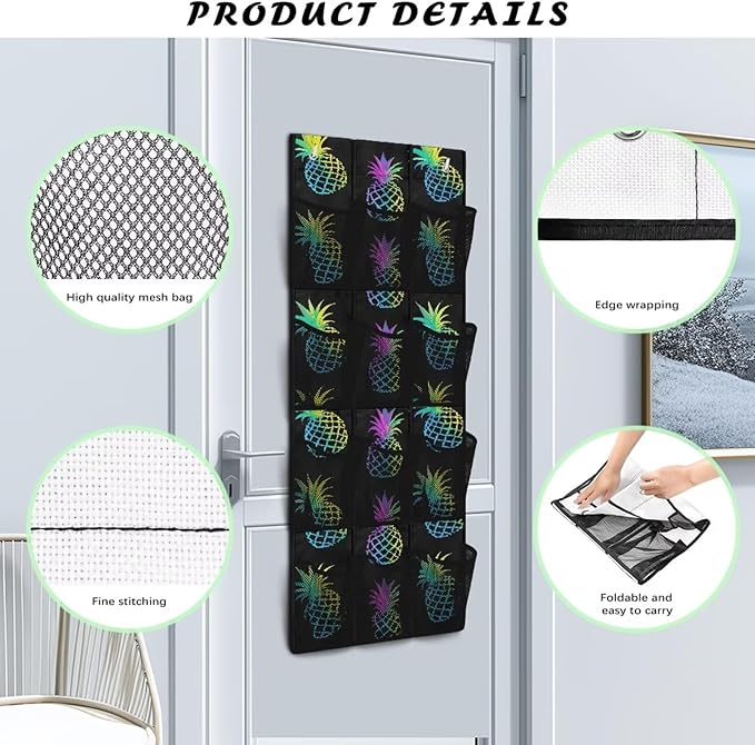 12-Pocket Over the Door Organizer, Transparent Mesh Compartments for Instant Visibility, Space-Saving Bathroom & Closet Storage,Pineapples