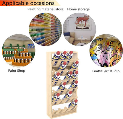 6 Tier 24 Can Spray Paint or Lube Can Wall Mount Storage Holder Rack Lube Holder Organization Storage Rack Wood Shelf Case Organizer, 14.2" L x 5" W x 30" H