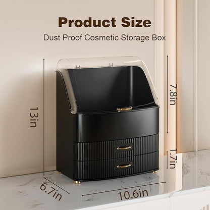 Makeup Organizer Countertop Vanity with Transparent Lid Drawers Waterproof Dustproof Cosmetic Skincare Bathroom Storage Gift for Women Teens Girls (Black)