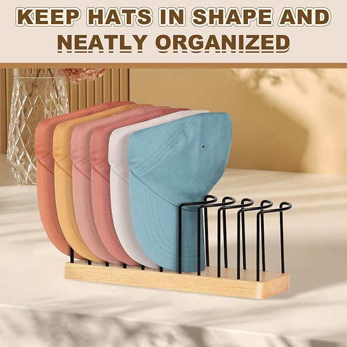 Hat Organizer for Baseball Caps, Wooden Tabletop Hat Rack Holder for 10 Hats Hat Display Stand for Closet Organizers and Storage Natural 2 Pack