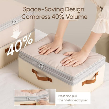 Homsorout Large Closet Storage Bins - Compression Organizer Bins, Stackable Closet Organizer, Expandable Under Bed Storage Containers for Clothes, Towels, Sheet, 2 Pack, Beige