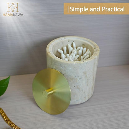 Nartural Marble Qtip Holder with Brass Lid, Beige Travertine Cotton Swab Jar, Modern Round Canister, Small Apothecary Storage Jars for Bathroom, Bedroom, Vanity, Kitchen Cabinet