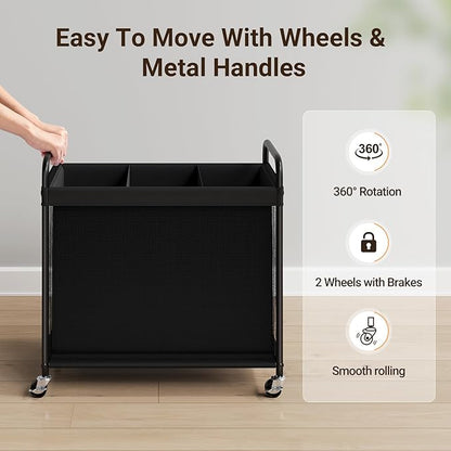 ELYKEN Laundry Hamper 3 Section, 120L Rolling Laundry Sorter with Removable Liner Bag, Laundry Basket with Wheels, Steel Frame with Metal Handle, Clothes Hamper Cart for Laundry Room & Bedroom