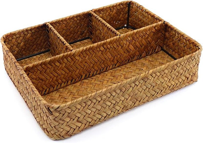 Large Wicker Baskets 4-Section Tea Bag/Sugar Packet Holder,Seagrass Woven Compartment Organizer,Storage Rattan Divided Basket,Office-Desk Baskets for Shelves,Pantry,Coffee Station Organizer-Natural