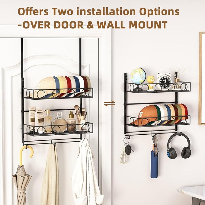 Over Door Hat Organizer 3 Tier Wall Mounted Hat Rack with 2 Adjustable Metal Basket and 3 Hooks Hat Organizer for Baseball caps Hat Hanger Holder Display for Door Closet, Cap Organizer Storage
