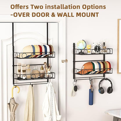 Over Door Hat Organizer 3 Tier Wall Mounted Hat Rack with 2 Adjustable Metal Basket and 3 Hooks Hat Organizer for Baseball caps Hat Hanger Holder Display for Door Closet, Cap Organizer Storage