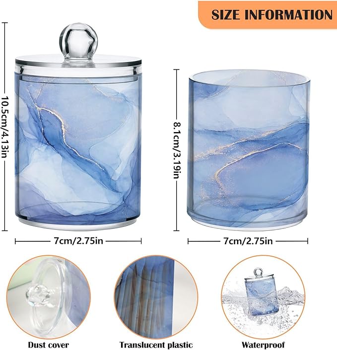 2 Pack Qtip Holder Dispenser Blue Marble Ink Modern Fluid Art (2) Bathroom Storage Canister Lid 10 oz Acrylic Plastic Apothecary Jar Set Vanity Makeup Organizer for Cotton Swab/Ball/Round Pads, Floss