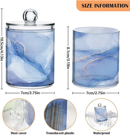 2 Pack Qtip Holder Dispenser Blue Marble Ink Modern Fluid Art (2) Bathroom Storage Canister Lid 10 oz Acrylic Plastic Apothecary Jar Set Vanity Makeup Organizer for Cotton Swab/Ball/Round Pads, Floss
