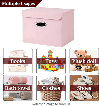 STOREONE Fabric Storage Cube Bins Foldable Organizer Container Collapsible Basket with Lids and Metal Handles, for Home, Bedroom, Closet 6 Pcs (multicolour-light pink)
