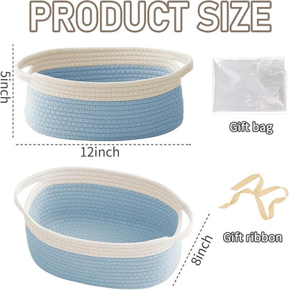 JMvicyroam Woven Basket,Small Rope Storage Bin with Handles & Ribbon Bag, Organizer for Shelves Closets,Gift Basket Empty for Birthday,Books,Dog Toys, White&Blue/2 Pack