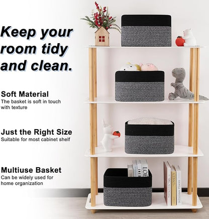 4 Pack Storage Baskets for Organizing, Woven Baskets for Shelves - Perfect for Toys, Books, Towels, and Clothes, Durable Gift Basket Bins Toy Storage, 12.7''Lx9''Wx7.8''H, Dark Grey and Black