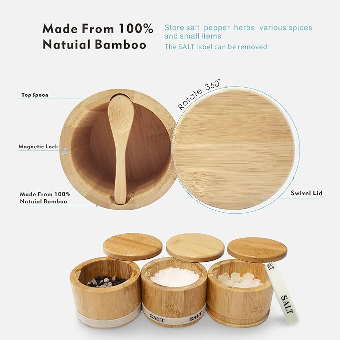 ThougrLyh Salt Box Bamboo Salt Container with Swivel Lid with Magnetic to Easily Open and Seal Salt Cellar With Spoon for Storing Salt Pepper Sugar Herbs Small Spice Box