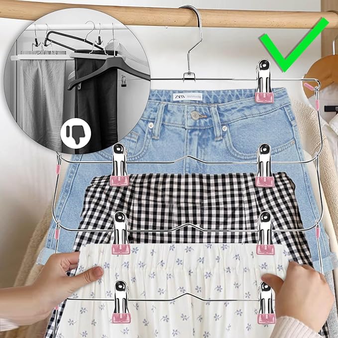 Skirt Pants Hangers with Clips,6Tier Skirt Hangers Space Saving,Metal Multi Pants Hangers and Storage Multi Clothes Shorts Hanger Organization,Space Saving Hangers with Clips (Pink, 2-Piece Set)