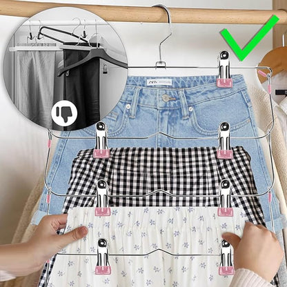 Skirt Pants Hangers with Clips,6Tier Skirt Hangers Space Saving,Metal Multi Pants Hangers and Storage Multi Clothes Shorts Hanger Organization,Space Saving Hangers with Clips (Pink, 2-Piece Set)