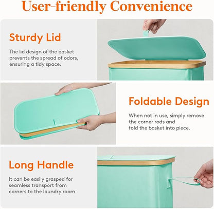 Lifewit 65L Slim Laundry Hamper with Lid, Narrow Laundry Basket with Removable Bag & Bamboo Handles, Fodable Thin Dirty Clothes Hamper for Laundry Collapsible Bin for Bathroom Bedroom Dorm, Sage Green