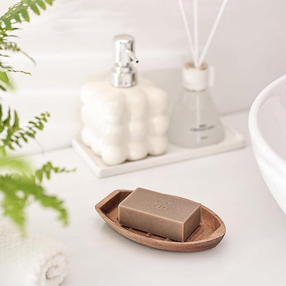 Acacia Wooden Soap Dish with Self Draining, Funny and Modern Multi Shape Design, Soap Holder for Sink Countertop, Shower & Bathroom Soap Tray。 (Boat-5.9"x3.74"x0.86")