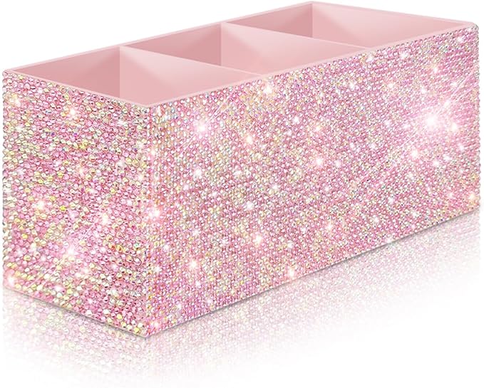 Bling Makeup Brush Holder Organizer, 3 Slot Sparkle Cosmetics Brushes Storage Holders with Shiny Rhinestones, Glitter Cute Pen and Pencil Holder for Desk, Eyeliners Display Case for Vanity（Pink）