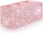 Bling Makeup Brush Holder Organizer, 3 Slot Sparkle Cosmetics Brushes Storage Holders with Shiny Rhinestones, Glitter Cute Pen and Pencil Holder for Desk, Eyeliners Display Case for Vanity（Pink）