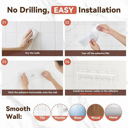 YASONIC Shower Caddy Adhesive 5-Pack, Rustproof Shower Shelves with 24 Hooks, No Drilling Shower Shelf for Inside Shower, Large Capacity Bathroom Organizers and Storage for Dorms & Renters, White