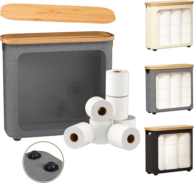 Toilet Paper Storage with Bamboo Lid,Foldable Basket Organizer for Bathroom, Holds 9 Mega/12 Regular Rolls, Waterproof Toilet Paper Holder Storage with Non-Slip Base,Gray