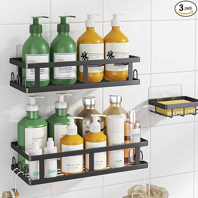 Youvip Shower Caddy Adhesive,No Drill Bathroom Organizer with Soap Holder,Large Capacity Rustproof Shelves for Inside Shower,Bathroom Organizers and Storage,Black