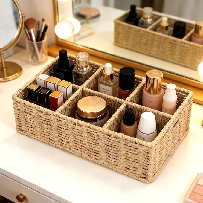 Makeup Organizer, Hand-woven Wicker Basket for Dresser and Bathroom Countertop Organizer, 6 Compartments Makeup Brush Holder Skincare Organizer, Cosmetic Storage for Lipstick Eyeshadow Palette