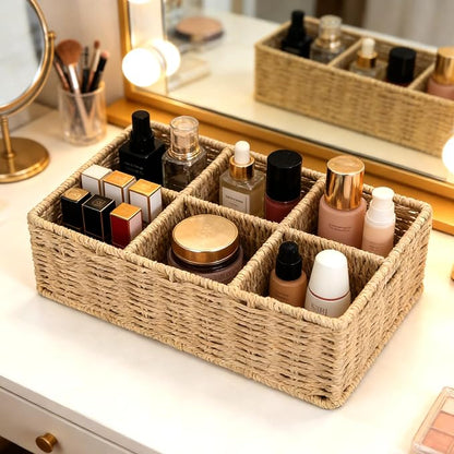 Makeup Organizer, Hand-woven Wicker Basket for Dresser and Bathroom Countertop Organizer, 6 Compartments Makeup Brush Holder Skincare Organizer, Cosmetic Storage for Lipstick Eyeshadow Palette