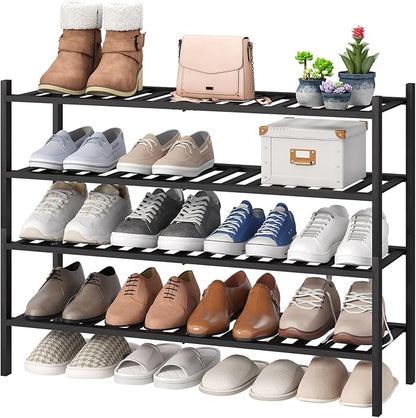 viewcare Black 4-Tier Long Shoe Rack, Bamboo Wood, 33-Inch