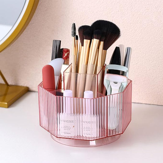 LINFIDITE 360°Rotating Makeup Brush Holder Cosmetic Display Case Clear Makeup Lip Gloss Organizer Case with 5 Slots Round Turntable Storage Tray for Vanity, Bathroom, Counter Organizer Clear Pink