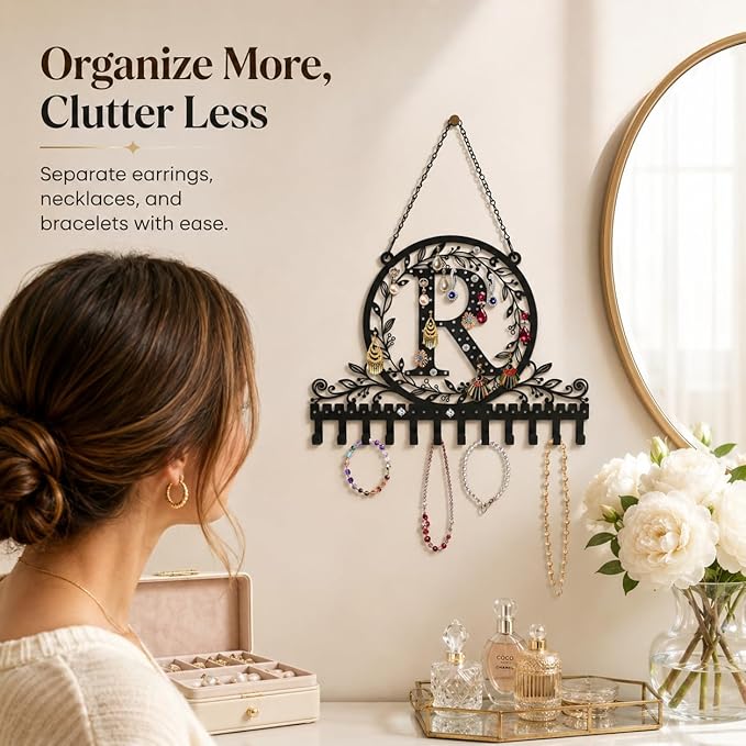 Wall-Mounted Metal Initial Letter R Earring Holder Hanging Jewelry Organizer for Earrings and Necklaces Space-Saving Wall Display with Hooks for Jewelry Storage