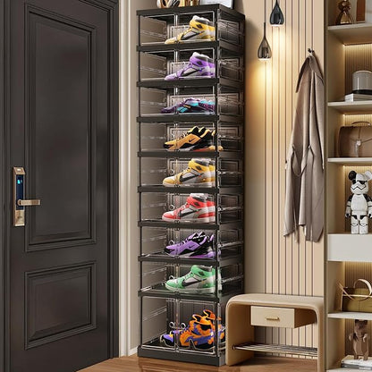 CIMLORD 9-Tier Foldable Shoe Rack for Closet Entryway 9-18Pairs,Stackable Clear Shoe Storage Boxes Organizer with Door Plastic Small Shoe Cabinet Bins with Lids Shoes Shelf Easy Assembly Black