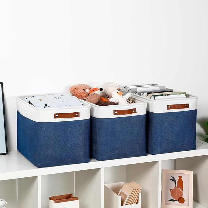 DULLEMELO Large Storage Baskets, Fabric Storage Bins for Organizing Foldable Linen Shelf Baskets for Clothes, Toys, Closet, Laundry (White&Blue,16"x12"x12"-1 Pack)