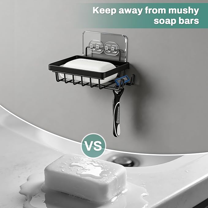 Adhesive Soap Bar Holder for Shower Wall with Soap Saver, Self Draining Soap Dish Container Caddy with 2 Hooks for Razor Loofah, Shampoo Sponge Tray Case Box for Bathroom Sink, Black