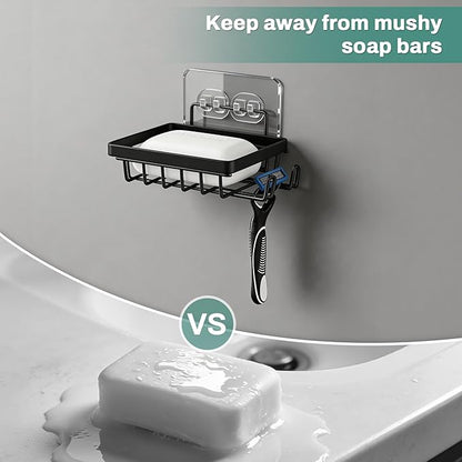 Adhesive Soap Bar Holder for Shower Wall with Soap Saver, Self Draining Soap Dish Container Caddy with 2 Hooks for Razor Loofah, Shampoo Sponge Tray Case Box for Bathroom Sink, Black