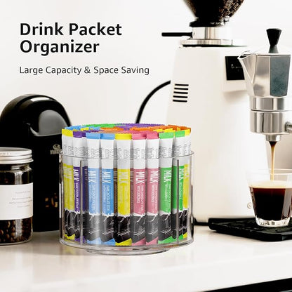 2-Pack Divided Drink Packet Organizer, Rotating Turntable Organizer, Spinning Powdered Drink Mix Holder, Clear Lazy Susan Turntable, Divided Water Drink Packet Storage Organizer