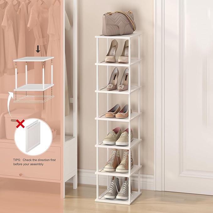 MHXW SXPN Bamboo Free Standing Shoe Rack Shelf Multi Tier Tall Wooden Stackable Shoes Rack Organizer for Closet Front Door Entrance Narrow Vertical Shoe Storage (White, 7 Tiers)