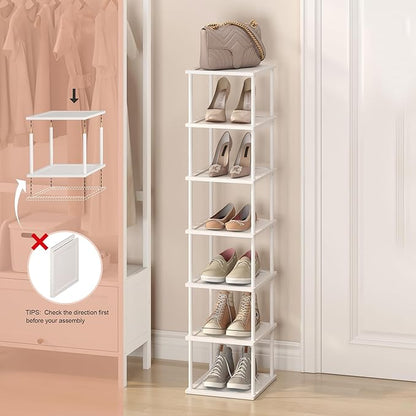 MHXW SXPN Bamboo Free Standing Shoe Rack Shelf Multi Tier Tall Wooden Stackable Shoes Rack Organizer for Closet Front Door Entrance Narrow Vertical Shoe Storage (White, 7 Tiers)
