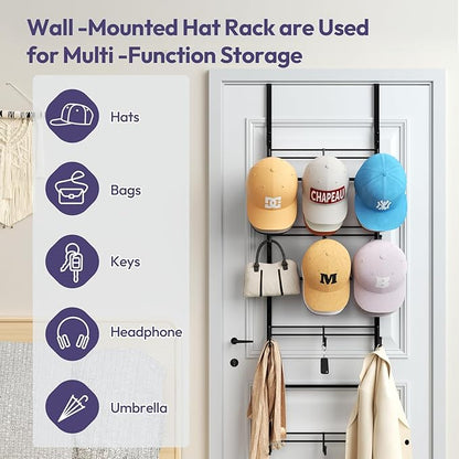 SWTYMIKI Over Door Hat Organizer - 4 Tier Metal Adjustable Wall Mounted Hat Rack with 12 Hooks Design, Hanging Baseball Cap Organizer Storage Holds up to 36 Caps for Door, Bedroom, Closet