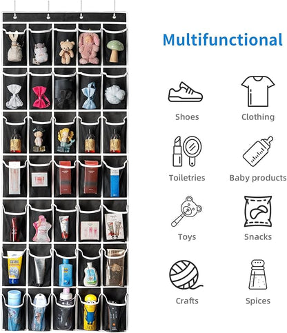 SAVERHO 35 Pockets Over the Door Shoe Organizer, Hanging Shoe Organizer for Door with 35 Mesh Pockets Large Capacity Shoe Hanging Storage Bag with 4 Metal Hooks (Black-1Pack)