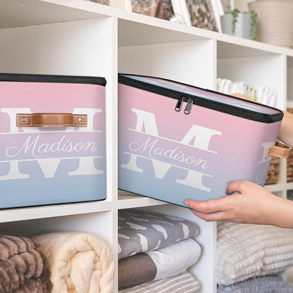 Custom Storage Bins with Initial Name, Personalized Storage Basket Boxes with Lid, Foldable Shelf Basket, Blue Pink Gradient