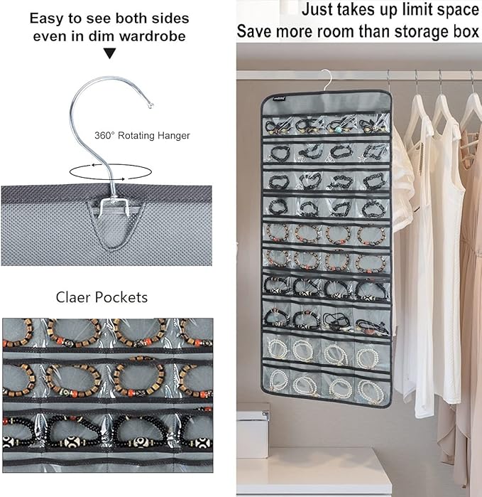 80 Pockets Hanging Jewelry Organizer for Holding Jewelries Dual-Sided Accessory Display Holder for Earrings Bracelets Rings (80 Pockets-Grey)