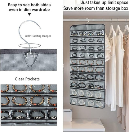 80 Pockets Hanging Jewelry Organizer for Holding Jewelries Dual-Sided Accessory Display Holder for Earrings Bracelets Rings (80 Pockets-Grey)