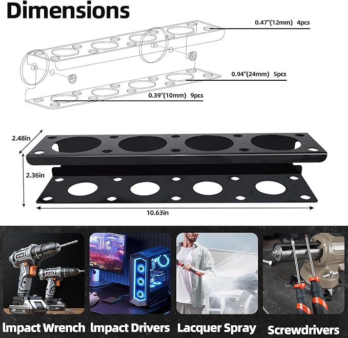 Magnetic Power Tool Organizer Rack - Heavy Duty Metal Organizer Rack for Cordless Drill,Screwdriver,Screw with 4 Stainless Steel cup for Tool Cart,Pegboards,Workbench,Garage,Toolbox
