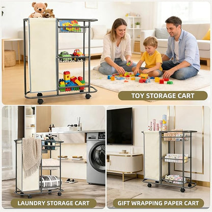 Rolling Laundry Basket with 3 Storage Baskets and 45 L Bag, Heavy Duty Laundry Cart with Wheels and Handle, Space Saving Laundry Room Organization for Bathroom Living Room Apartment Dorm