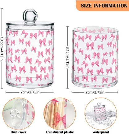 ALAZA 4pcs Cute Bow White Qtip Holder Dispenser 14 oz Bathroom Storage Clear Apothecary Jars Containers Cotton Ball,Cotton Rounds,Floss Picks, Hair Clips, Food